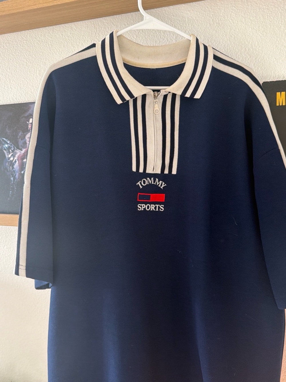 Tommy Hilfiger Navy Polo with Cream Stripe Collar